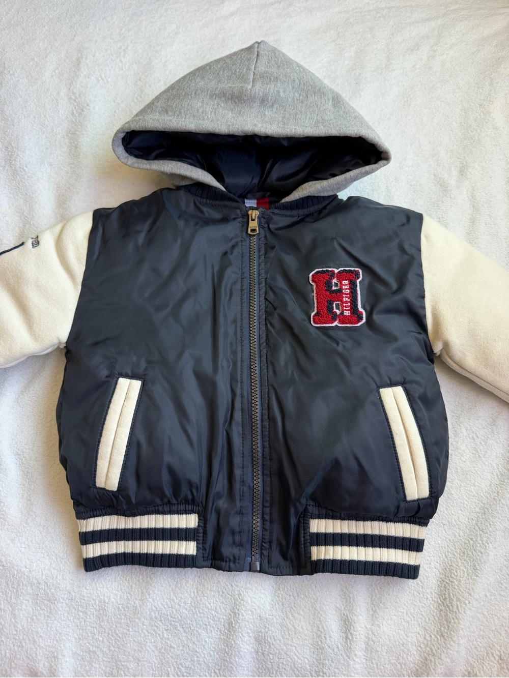 Tommy Hilfiger Navy, Cream & Gray Hooded Varsity Puffer Jacket